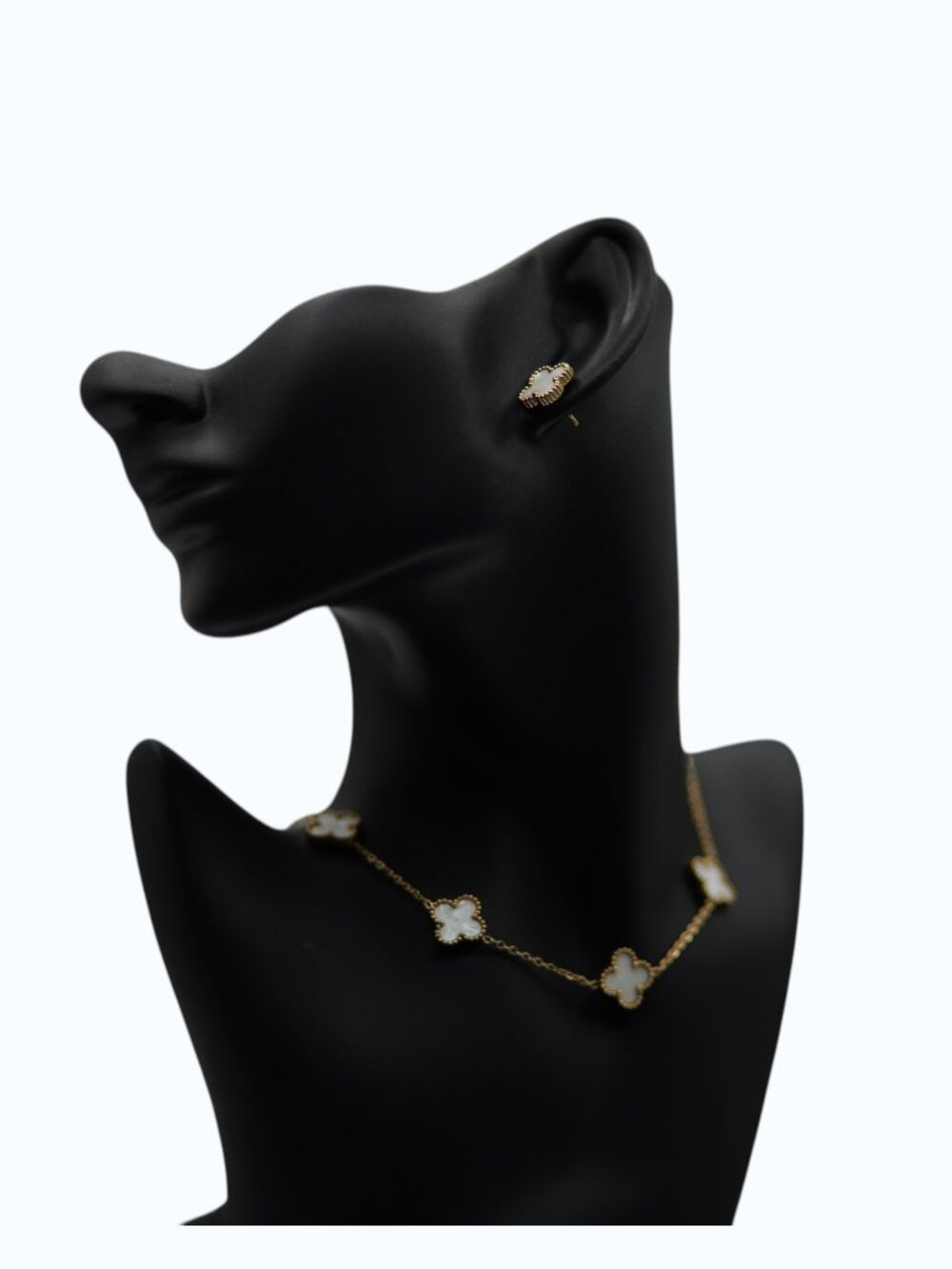 UTC Gold Clover Necklace & Stud Earrings Set | Elegant Mother of Pearl Jewelry